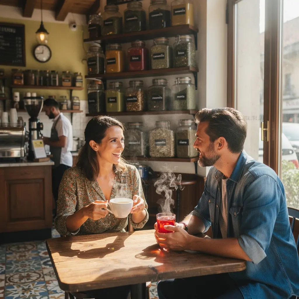 Un piatto di biscotti accanto a una tazza di tè senza caffeina.