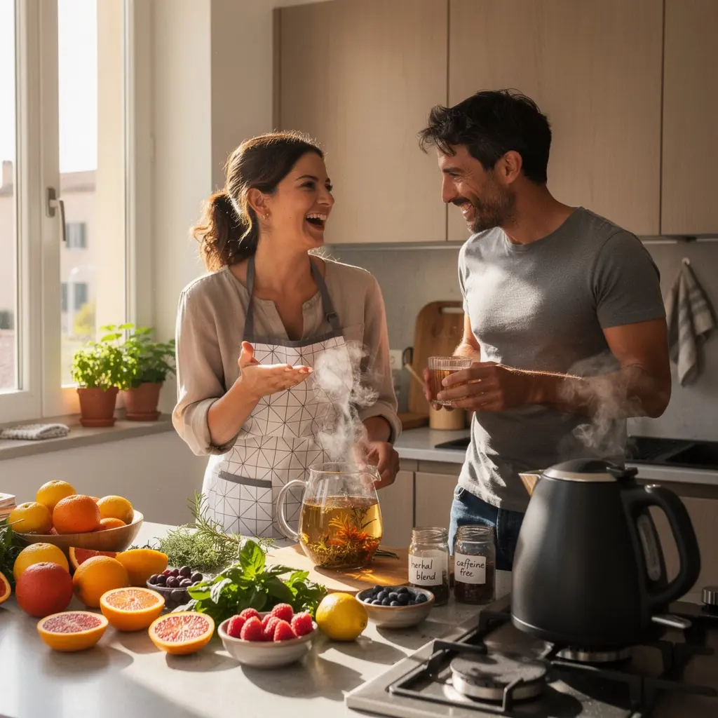 Un'immagine di un momento di relax con tè e un libro aperto.