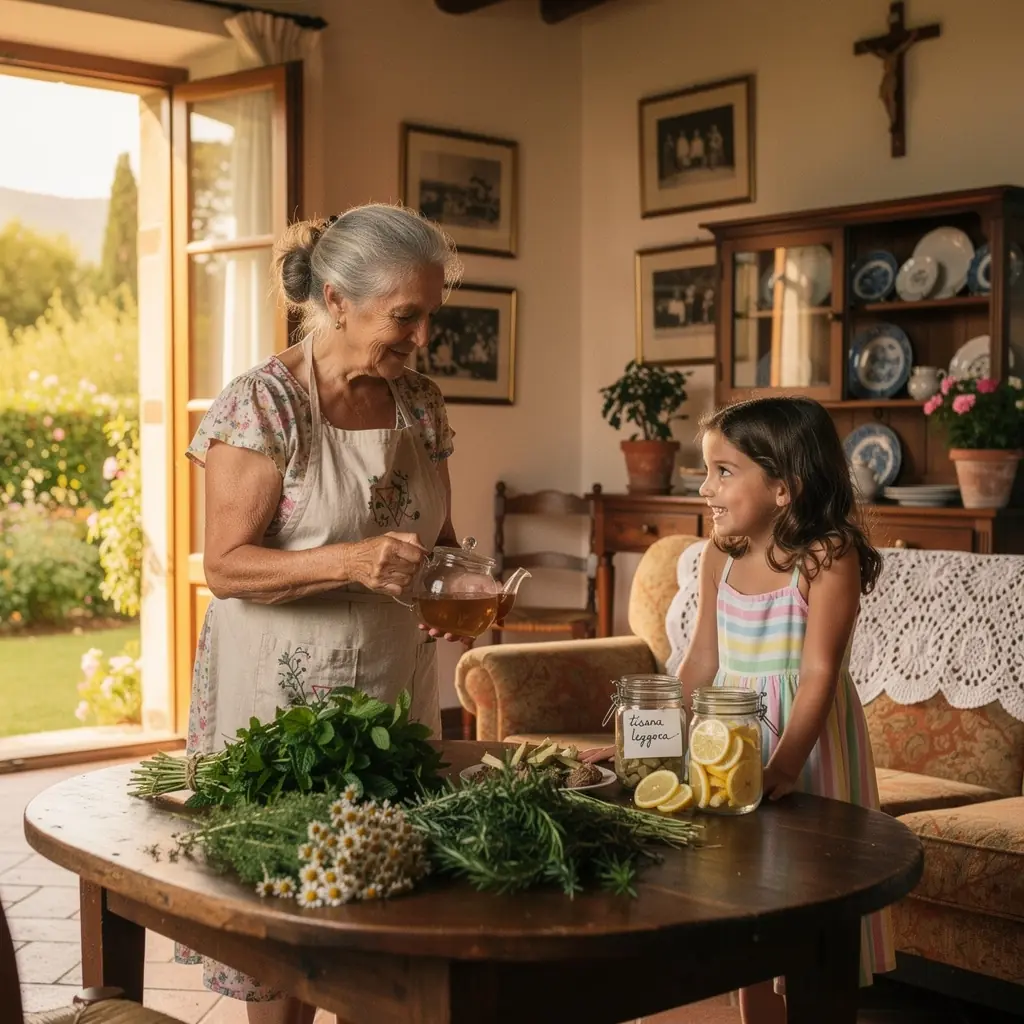 Tazza di tè leggero con foglie fresche di tè verde su un tavolo di legno.