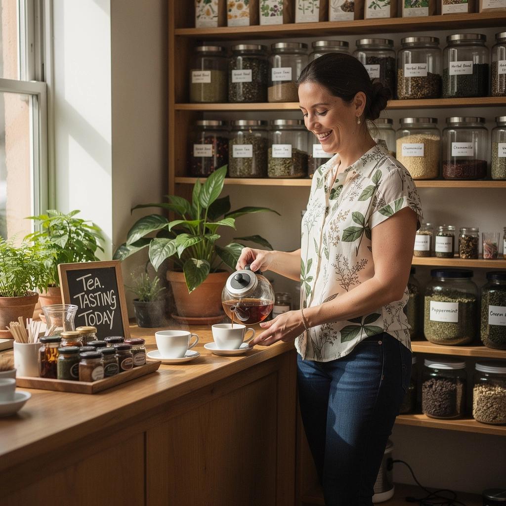 Una persona che versa tè in una tazza con un sorriso sereno.